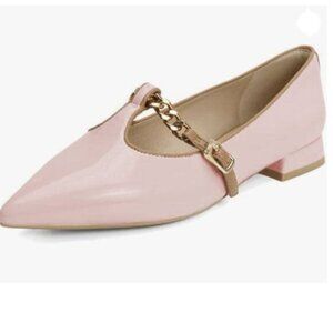 FYS Women Pointed Toe Block Low Heel Mary Jane Pumps Chain Buckled Pink Shoes
